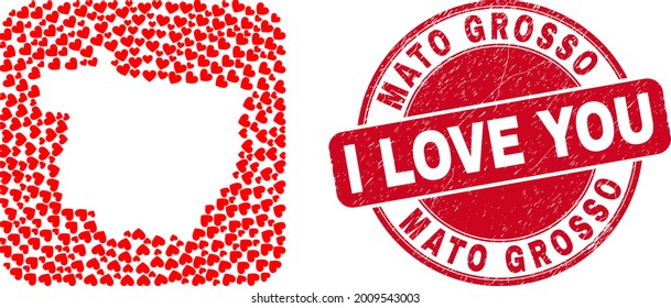 Vector mosaic Mato Grosso State map of valentine heart elements and grunge love stamp. Mosaic geographic Mato Grosso State map designed as hole from rounded square shape with valentine hearts.