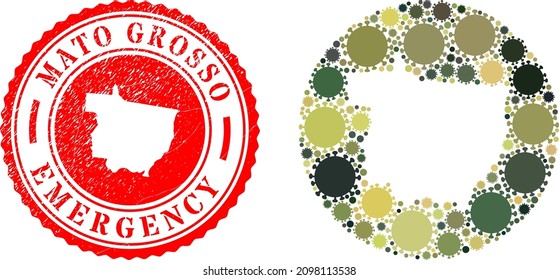 Vector mosaic Mato Grosso State map of virus items and grunge EMERGENCY seal.