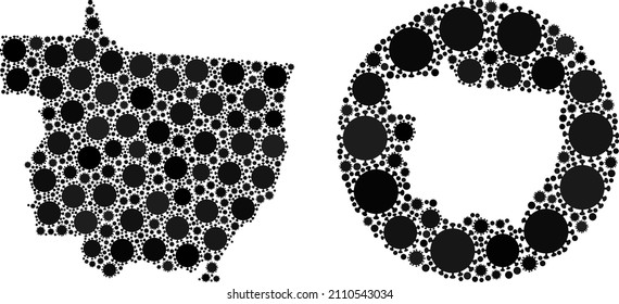 Mosaico vectorial Mato Grosso Mapa del estado de los ítems del virus SARS. Mapa geográfico mosaico del estado de Mato Grosso diseñado como forma tallada de forma redonda con elementos del virus sars en colores negros.