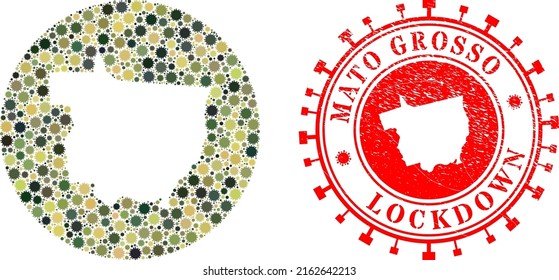 Mosaico vectorial Mato Grosso Mapa del estado de los ítems del virus de la gripe y placa LOCKDOWN gruesa.