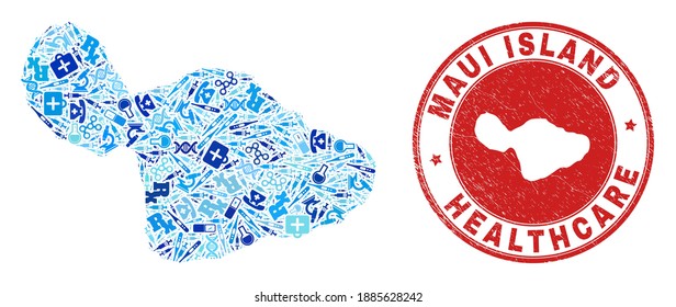 Vector mosaic Maui Island map with syringe icons, receipt symbols, and grunge doctor seal stamp. Red round seal with grunge rubber texture and Maui Island map word and map.