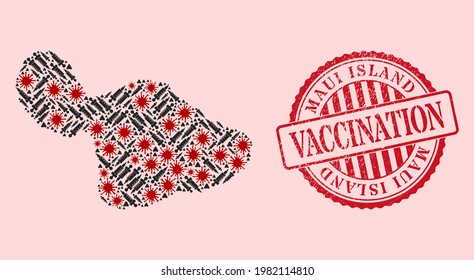 Vector mosaic Maui Island map of SARS virus, treatment icons, and red grunge vaccination seal. Virus particles and vaccination particles inside Maui Island map.