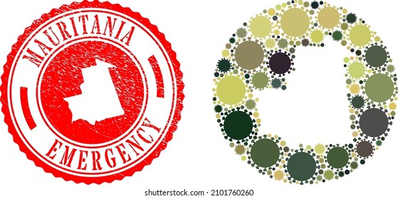 Vektor-Mosaik Mauretanien Karte der Sars-Virus-Symbole und Grunge-NOTFE-Siegel. Mosaik geografische Karte Mauretaniens, die als Ganzes aus dem Kreis mit Elementen des Virusausbruchs in tarnen Militärfarben entstanden ist.