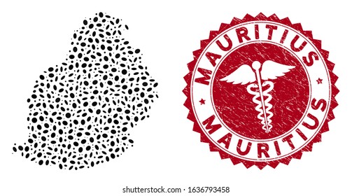Vector mosaic Mauritius Island map and red rounded distressed stamp seal with health care symbol. Mauritius Island map collage composed with ellipse spots. Red rounded health care seal,