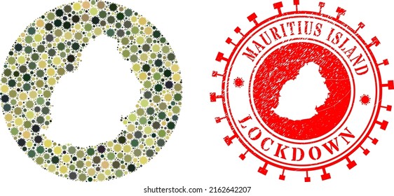Vektor Mosaik Mauritius Insel Karte von covid Virus Icons und grunge LOCKDOWN Siegel.