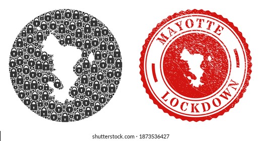 Vector mosaic Mayotte Islands map of locks and grunge LOCKDOWN seal. Mosaic geographic Mayotte Islands map designed as hole from circle with black locks.