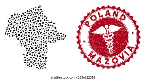 Vector mosaic Mazovia Province map and red round grunge stamp seal with medical symbol. Mazovia Province map collage created with ellipse spots. Red round clinic stamp, with grunge texture.