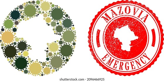 Vector mosaic Mazovia Province map of coronavirus items and grunge EMERGENCY seal.