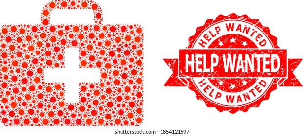 Vector mosaic medical kit case of flu virus, and Help Wanted rubber ribbon stamp. Virus particles inside medical kit case mosaic. Red stamp seal includes Help Wanted text inside ribbon.