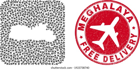 Vector mosaic Meghalaya State map of air force plane elements and grunge Free Delivery badge.