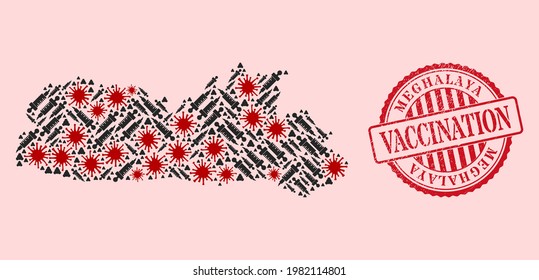 Mapa del estado Meghalaya del mosaico vectorial del virus covid-2019, iconos de inoculación y sello de la vacuna de grunge rojo. Elementos de virus y vacunas dentro del mapa del estado de Meghalaya.