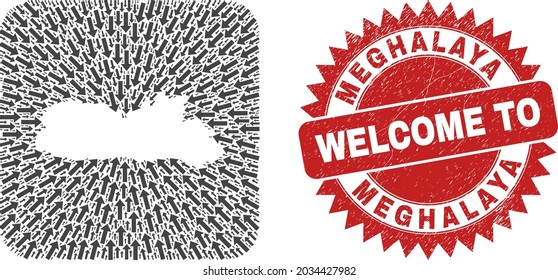 Vector mosaic Meghalaya State map of motion arrows and rubber Welcome seal. Mosaic geographic Meghalaya State map constructed as hole from rounded square with straight arrows.