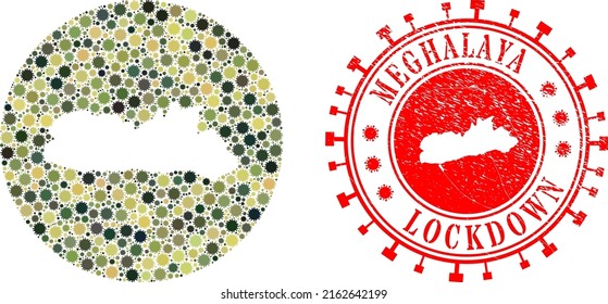 Vector mosaic Meghalaya State map of sars virus icons and grunge LOCKDOWN seal stamp.