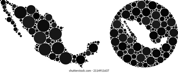 Vector mosaic Mexico map of circle items. Mosaic geographic Mexico map constructed as subtraction from circle with circle items in black color hues. Dotted vector mosaic Mexico map.