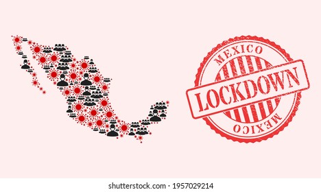 Vector mosaic Mexico map of covid-2019 virus, masked people and red grunge lockdown seal stamp. Virus elements and people in masks inside Mexico map.