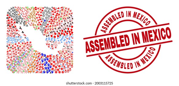 Vector mosaic Mexico map of different pictograms and Assembled in Mexico seal stamp. Mosaic Mexico map designed as carved shape from rounded square. Red round stamp with Assembled in Mexico text.