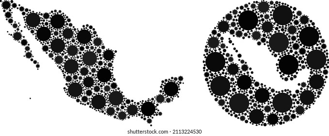 Vector mosaic Mexico map of SARS virus elements. Mosaic geographic Mexico map designed as carved shape from round shape with flu virus items in black colors. Illustration for pandemic warnings.