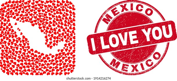 Vector mosaic Mexico map of valentine heart items and grunge love seal stamp. Mosaic geographic Mexico map created as stencil from rounded square with valentine hearts.