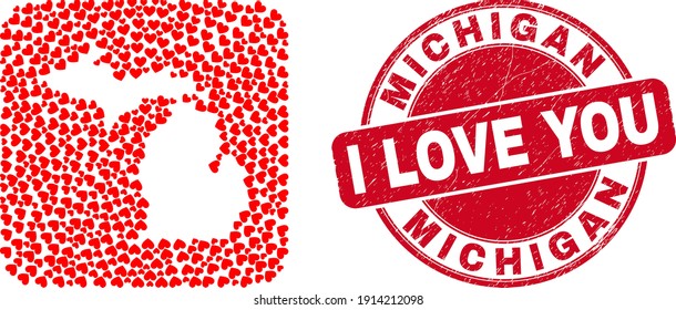Vector mosaic Michigan State map of valentine heart items and grunge love seal stamp. Mosaic geographic Michigan State map constructed as stencil from rounded square shape using love hearts.