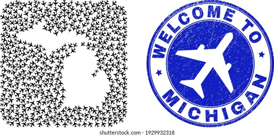 Vector mosaic Michigan State map of elements and grunge Welcome seal stamp. Collage geographic Michigan State map constructed as hole from rounded square shape with air flights.