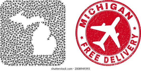 Vector mosaic Michigan State map of aviation items and grunge Free Delivery seal. Collage geographic Michigan State map designed as carved shape from rounded square using departing air force symbols.