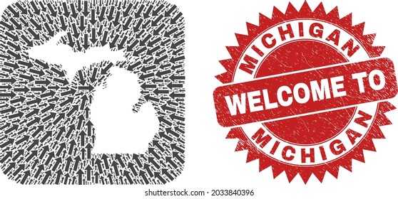 Vector mosaic Michigan State map of immigration arrows and rubber Welcome badge. Mosaic geographic Michigan State map constructed as hole from rounded square using direction arrows.