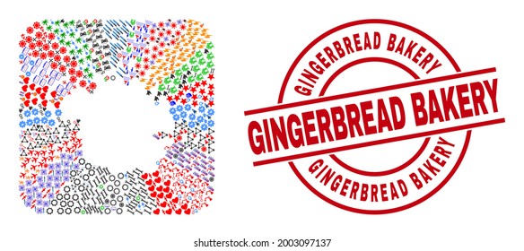 Mapa de la isla de Micronesia con mosaicos vectoriales de diferentes pictogramas y foca de panadería de Gingerbread. Mapa de la isla de Micronesia de color diseñado como forma tallada de forma cuadrada redondeada.