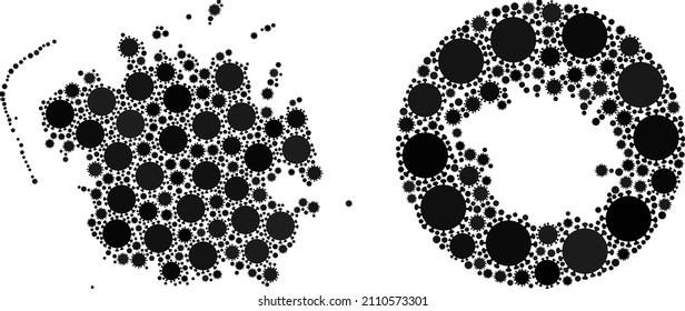 Vector mosaic Micronesia island map of flu virus icons. Mosaic geographic Micronesia island map constructed as subtraction from circle with covid infection icons in black color hues.
