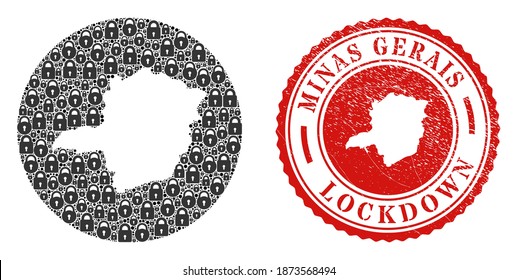 Vektor-Mosaik Minas Gerais Staatskarte der Schlösser und grunge LOCKDOWN Siegel Stempel. Mosaik Geografischer Minas Gerais Staatskarte, konstruiert als geschnitzte Form aus runder Form mit schwarzen Schlössern.