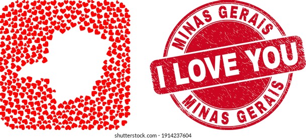 Vektor-Mosaik Minas Gerais Staatskarte der valentinischen Herzelemente und grunge Liebe Seestempel.