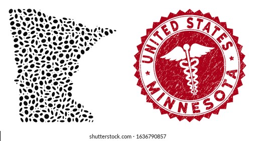 Vector mosaic Minnesota State map and red round rubber stamp seal with health care sign. Minnesota State map collage designed with ellipse items. Red rounded caduceus seal stamp,