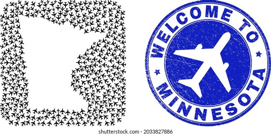 Vector mosaic Minnesota State map of air vehicle elements and grunge Welcome stamp. Mosaic geographic Minnesota State map designed as subtraction from rounded square using air transport.