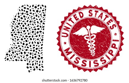 Vector mosaic Mississippi State map and red rounded grunge stamp seal with medical symbol. Mississippi State map collage created with elliptic spots. Red rounded medicine seal stamp,