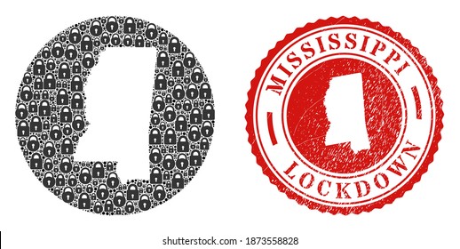 Vector mosaic Mississippi State map of locks and grunge LOCKDOWN seal stamp. Mosaic geographic Mississippi State map constructed as carved shape from circle with black locks.