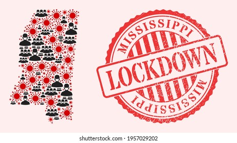 Vector mosaic Mississippi State map of SARS virus, masked men and red grunge lockdown stamp. Virus particles and men in masks inside Mississippi State map.