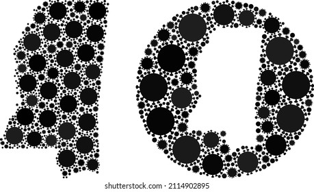 Vector mosaic Mississippi State map of flu virus items. Mosaic geographic Mississippi State map designed as stencil from round shape with flu virus items in black colors.