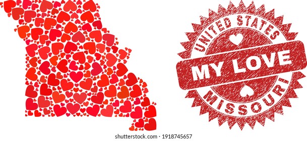 Vector mosaic Missouri State map of love heart items and grunge My Love badge. Mosaic geographic Missouri State map designed with love hearts.