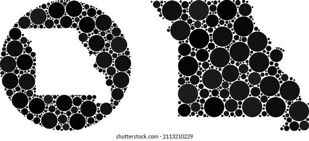 Vector mosaic Missouri State map of circle elements. Mosaic geographic Missouri State map created as stencil from circle with circle dots in black color hues. Pixel vector mosaic Missouri State map.