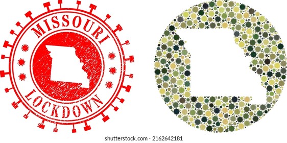 Vector mosaic Missouri State map of SARS virus icons and grunge LOCKDOWN badge.