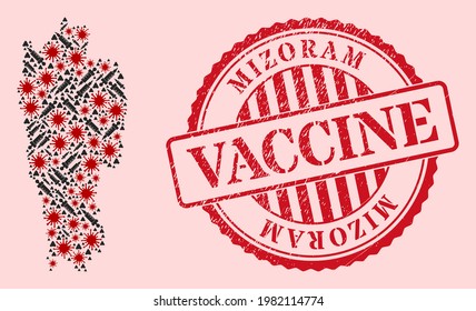Vector mosaic Mizoram State map of flu virus, dose icons, and red grunge vaccination stamp. Virus particles and dose particles inside Mizoram State map.