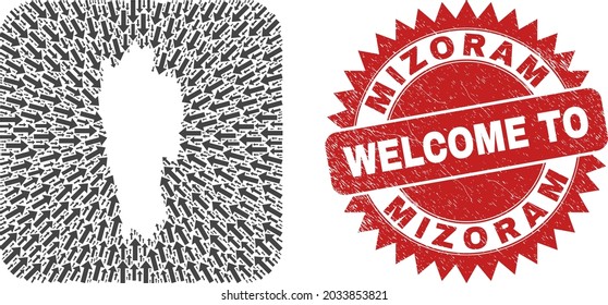 Vector mosaic Mizoram State map of straight arrows and grunge Welcome seal stamp. Mosaic geographic Mizoram State map created as carved shape from rounded square with pointing arrows.
