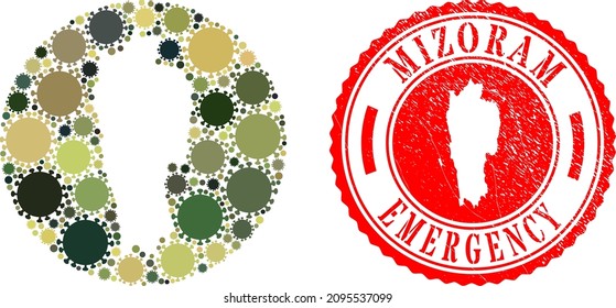 Vector mosaic Mizoram State map of flu virus elements and grunge EMERGENCY seal. Mosaic geographic Mizoram State map created as carved shape from circle with SARS virus icons in khaki army color hues.