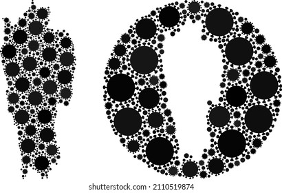 Vector mosaic Mizoram State map of coronavirus elements. Mosaic geographic Mizoram State map constructed as carved shape from round shape with coronavirus icons in black color hues.