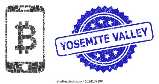 Vector mosaic mobile bitcoin bank, and Yosemite Valley scratched rosette stamp seal. Blue stamp seal contains Yosemite Valley tag inside rosette.