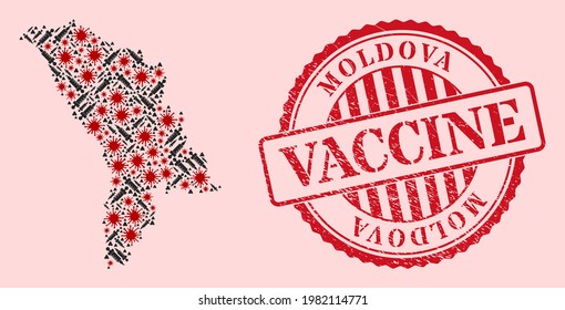 Vector mosaic Moldova map of covid-2019 virus, dose icons, and red grunge vaccination seal stamp. Virus items and vaccine items inside Moldova map.