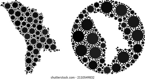 Vector mosaic Moldova map of covid-2019 elements. Mosaic geographic Moldova map created as carved shape from round shape with virus elements in black color hues. Template for health care warnings.
