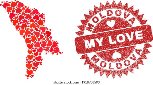 Mosaico vectorial Moldavia mapa de ítems del corazón de amor y estampado de My Love. Mapa de Moldavia geográfico mosaico construido con corazones valentinos.