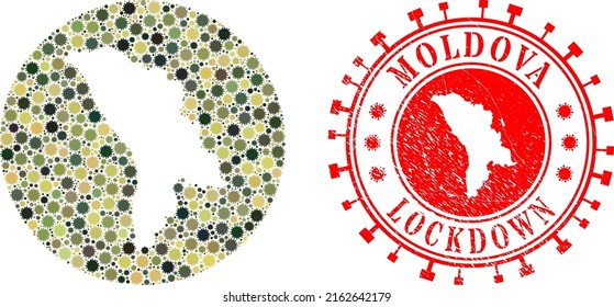 Vektor-Mosaik Moldau Karte der Sars-Virus-Elemente und Grunge LOCKDOWN-Siegel. Mosaik geographische Moldawien-Karte als Loch aus runden Formen mit Sars-Virus-Symbolen in Tarnung Armee-Farbtönen.