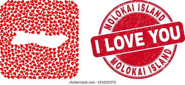 Vector mosaic Molokai Island map of love heart elements and grunge love seal stamp. Mosaic geographic Molokai Island map created as stencil from rounded square shape with love hearts.