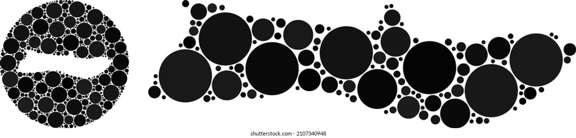 Vector mosaic Molokai Island map of round elements. Mosaic geographic Molokai Island map is created as subtraction from round shape with sphere items in black color hues.